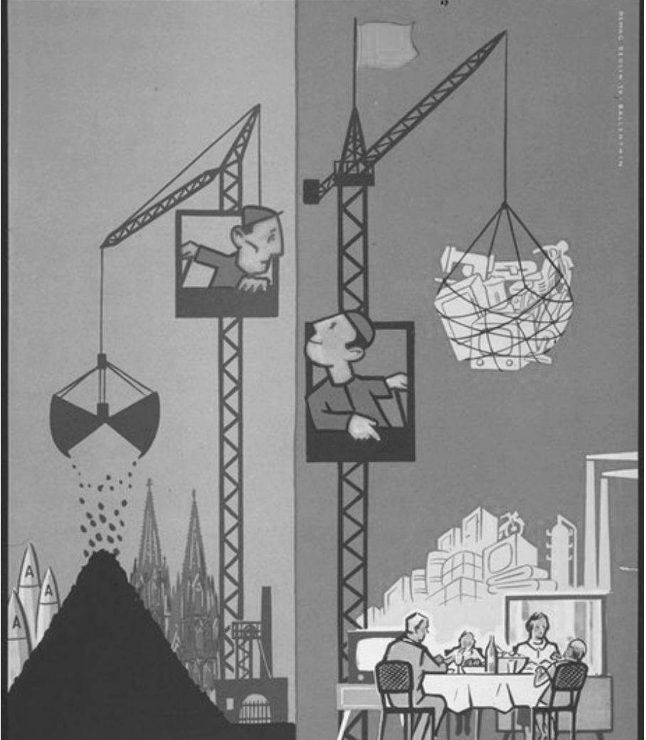 Grafische Illustration mit Baukränen, Arbeitern und schwebenden Lasten, Stadtsilhouette im Hintergrund und Familie am Esstisch.